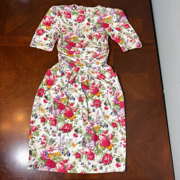 Vintage EXPO Floral Dress 10 Cottagecore 80s tea party dress Ruched Waist - Picture 1 of 12